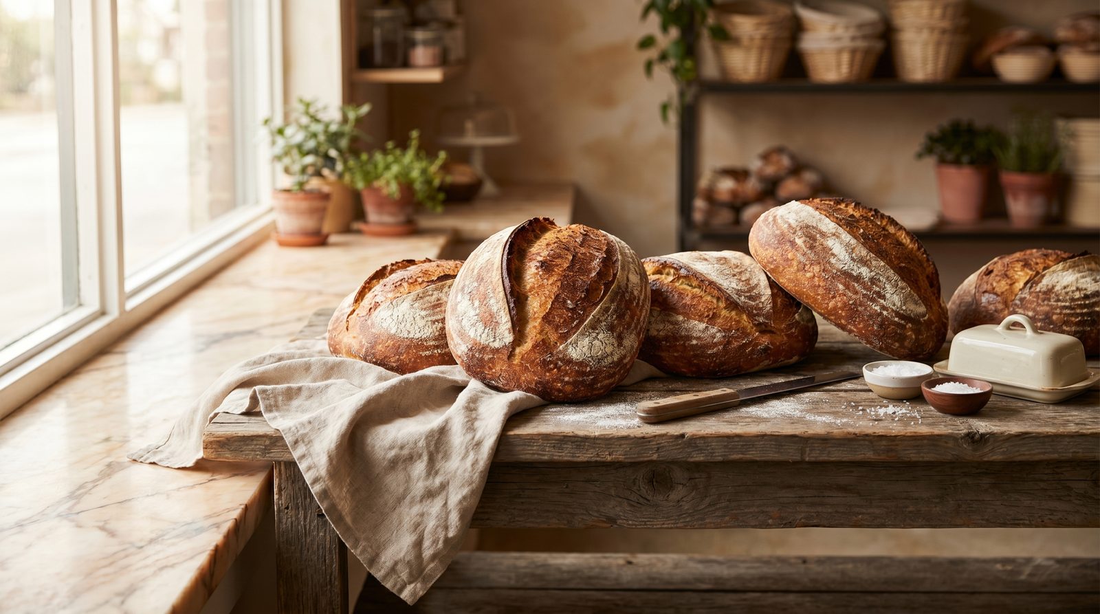 Freshly baked sourdough loaves on a marble counter